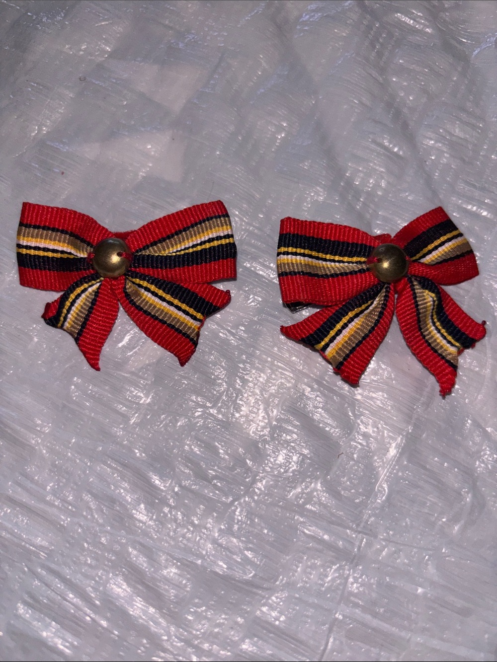 Kids Red Striped Ribbon Bow Hair Clips with Brass Button - Pack of 2